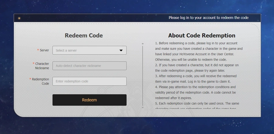 official Honkai Star Rail code redeem website