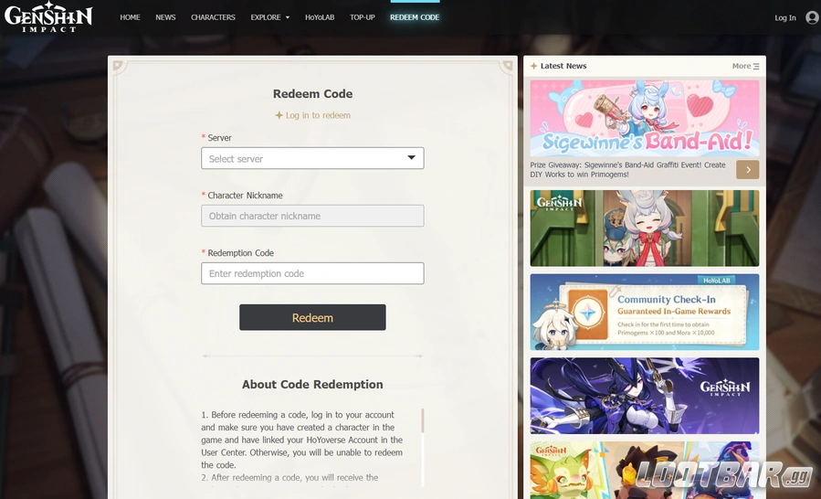 redeem code  official genshin impact website