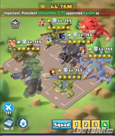 One possible Schuyler squad setup with strong Aircraft synergy and fully upgraded heroes.