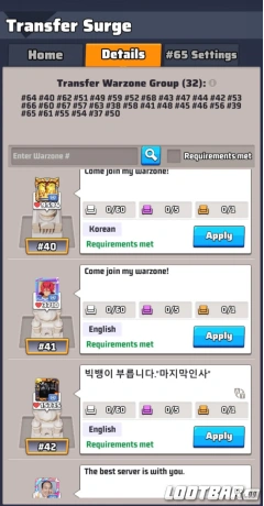 Transfer Surge event screen showing available zones, timers, and alliance power rankings.