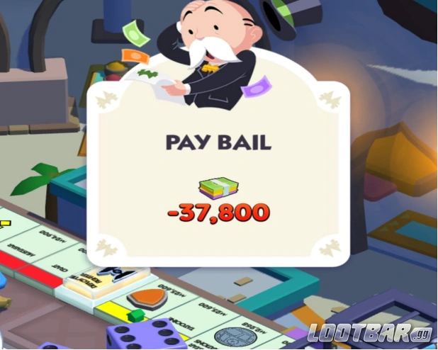Monopoly Go game screen offering the "Pay Bail to Get Out of Jail" option.