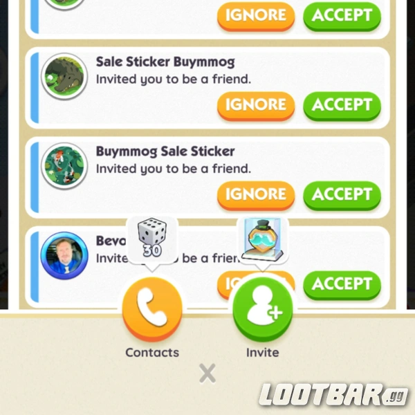 A screenshot from Monopoly Go displaying the 'Add Friends' menu, with clear options to invite friends through contacts or connect the game via Facebook for easy friend syncing.