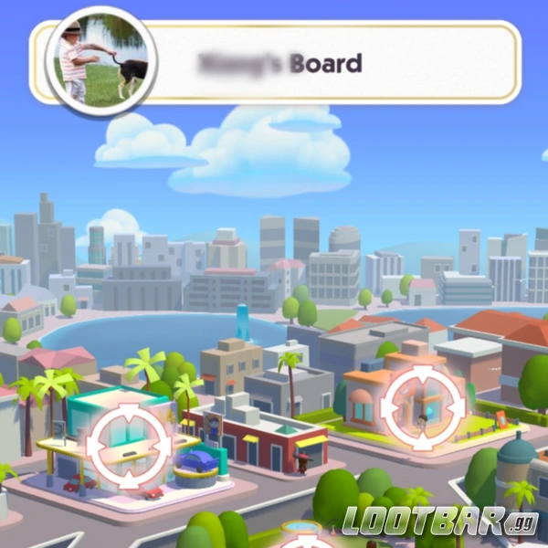 A screenshot from Monopoly Go illustrating a 'Partner Event' interface, displaying a shared progress bar and the avatars of friends contributing collaboratively to building an attraction.