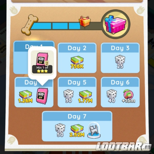 Multiple Monopoly Go in-game elements indicating sources of sticker packs, including daily task completions and event rewards.