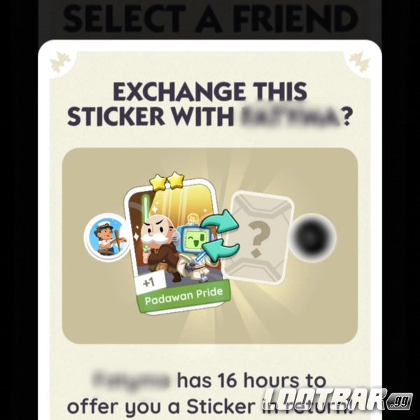 Monopoly Go sticker trading screen, illustrating the process of exchanging duplicate stickers with another player.
