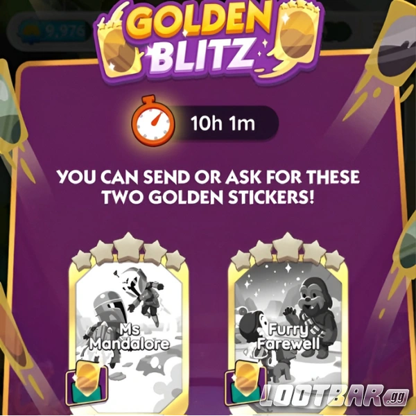 Monopoly Go game pop-up window announcing a Golden Blitz event indicating a special sticker opportunity.