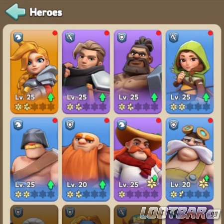  Kingshot hero selection screen showing various heroes at different levels and star rankings.