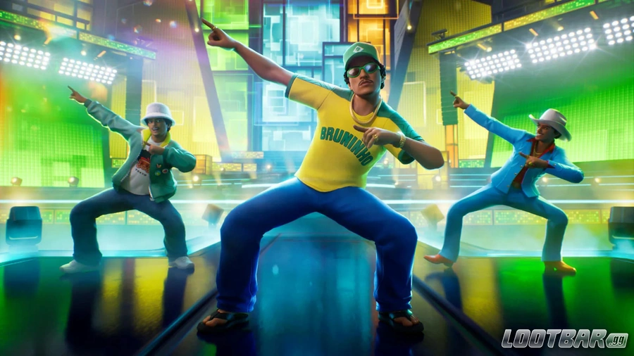 Three Bruno Mars skins in Fortnite.